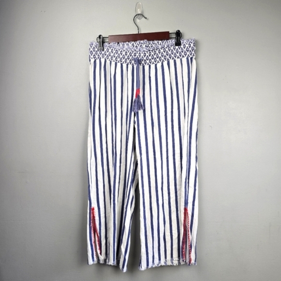 INDIGO REIN Linen Blend Wide Leg Cropped  Pants Navy White Womens Size M Coastal - Picture 1 of 9